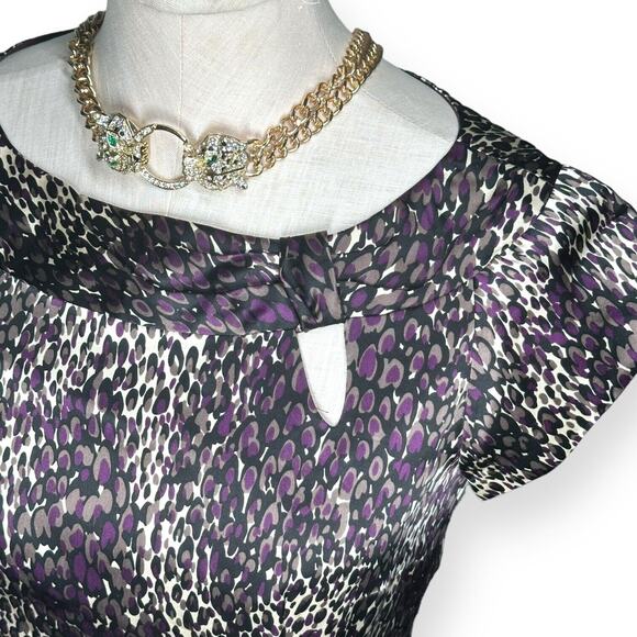 NANETTE LEPORE 100% Silk Cheetah Print Sheath Cocktail Dress Pencil Cap Sleeve 2 - Picture 4 of 13